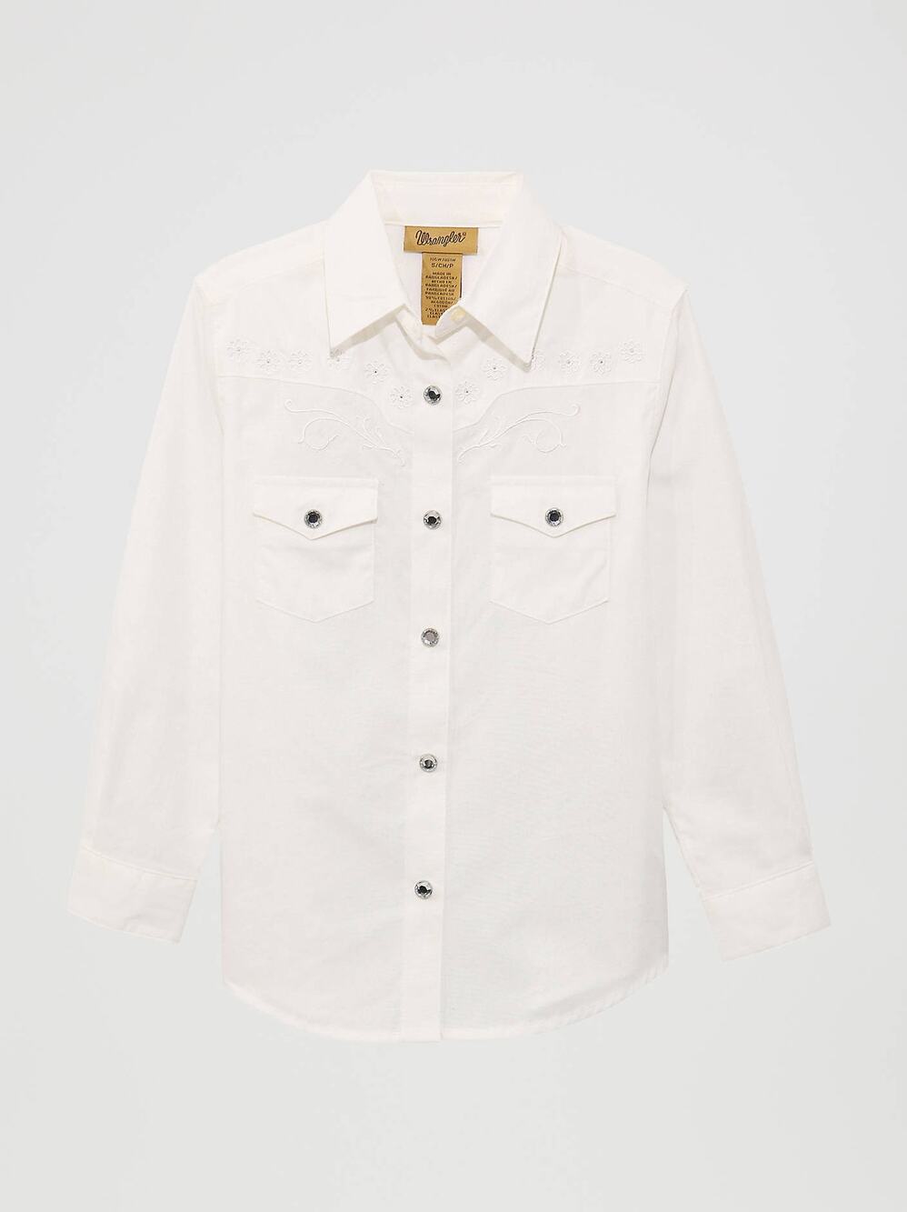 Wrangler Girls' Classic White Western Snap Shirt - XL rhinestones